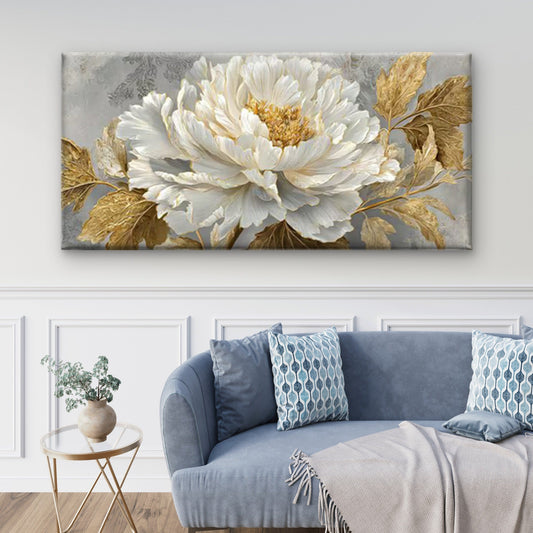White & Golden Floral Wall Art Canvas Office Home Room Framed 80x45cm