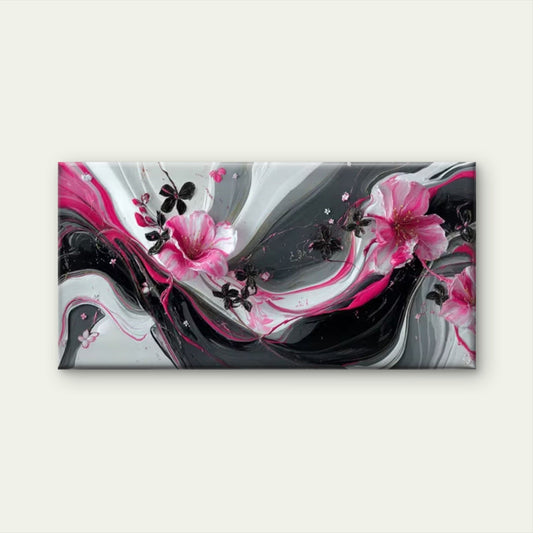 Dark Pink & Floral Design Wall Art Canvas Office Home Room Framed 80x45cm