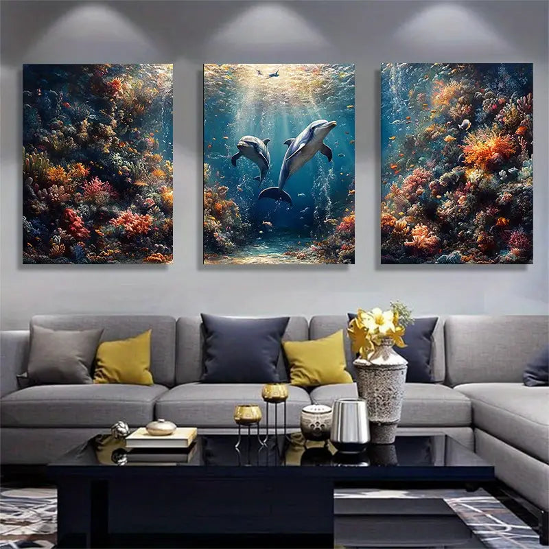 3pcs Stunning Underwater Coral Reef with Dolphins Metal Print Ready to Hang Art