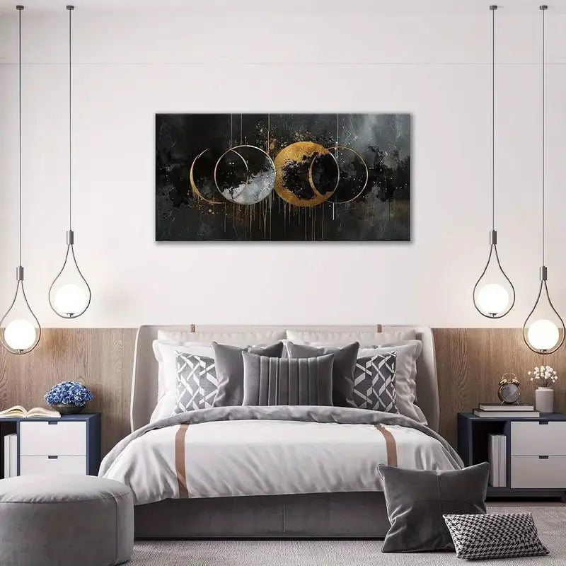 Abstract Sun Moon Black Golden Wall Art canvas office home room framed 120x60cm
