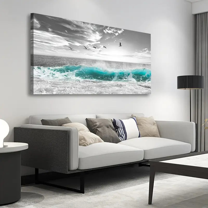 Ocean Teal Sea Wave Seagull Birds Wall Art canvas office home room framed 120x60cm