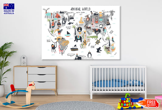 Kids Animal's World Map Print 100% Australian Made Stretched Canvas Ready to Hang - NK-131