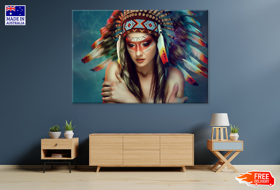 Headdress Native Warrior Girl Closeup Print 100% Australian Made Stretched Canvas Ready to Hang - BO-131