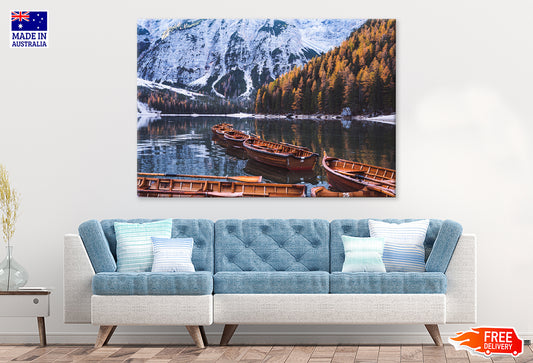 Lago di Braies Lake & Boats Scenery Print 100% Australian Made Stretched Canvas Ready to Hang - NT-131