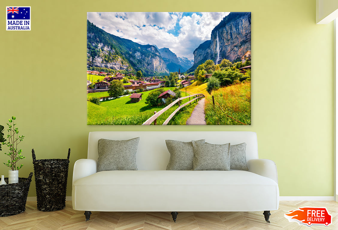 Waterfall In Lauterbrunnen Village Print 100% Australian Made Stretched Canvas Ready to Hang - CT-132