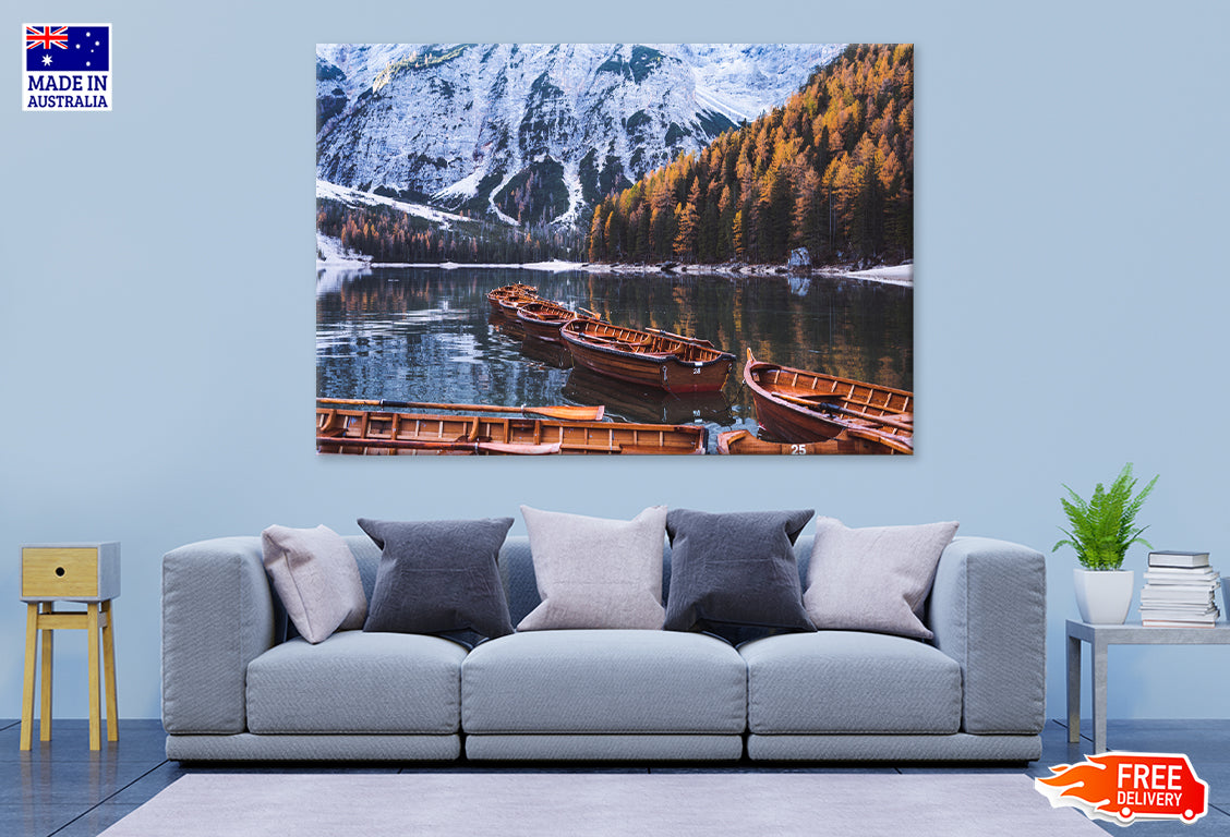 Lago di Braies Lake & Boats Scenery Print 100% Australian Made Stretched Canvas Ready to Hang - NT-131