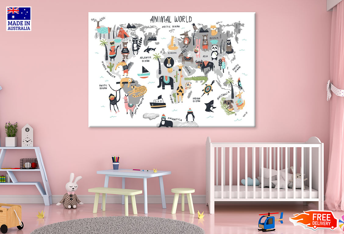 Kids Animal's World Map Print 100% Australian Made Stretched Canvas Ready to Hang - NK-131