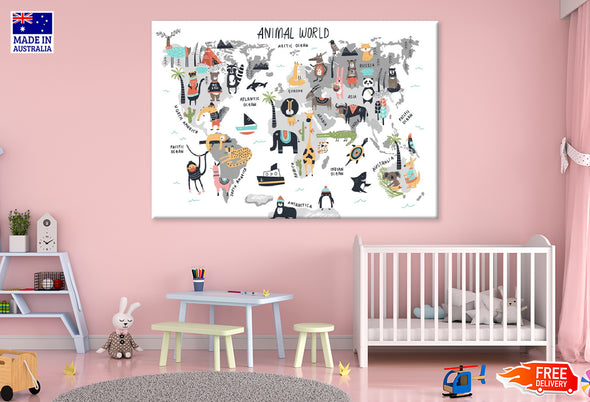 Kids Animal's World Map Print 100% Australian Made Stretched Canvas Ready to Hang - NK-131