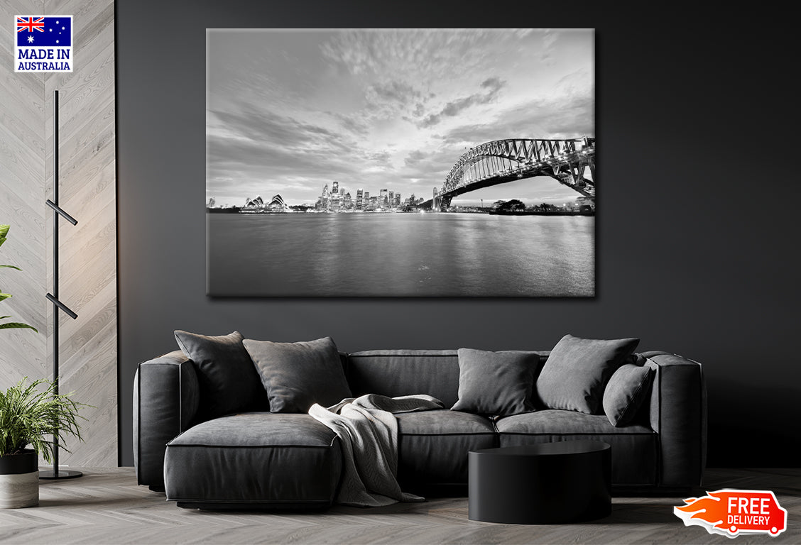 Panorama of Sydney Harbour B&W Print 100% Australian Made Stretched Canvas Ready to Hang - AU-131