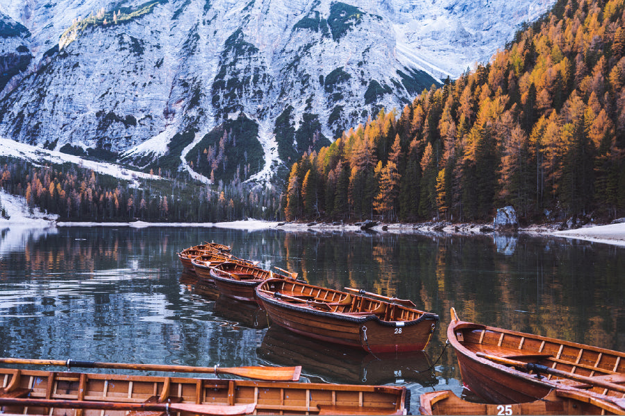 Lago di Braies Lake & Boats Scenery Print 100% Australian Made Stretched Canvas Ready to Hang - NT-131