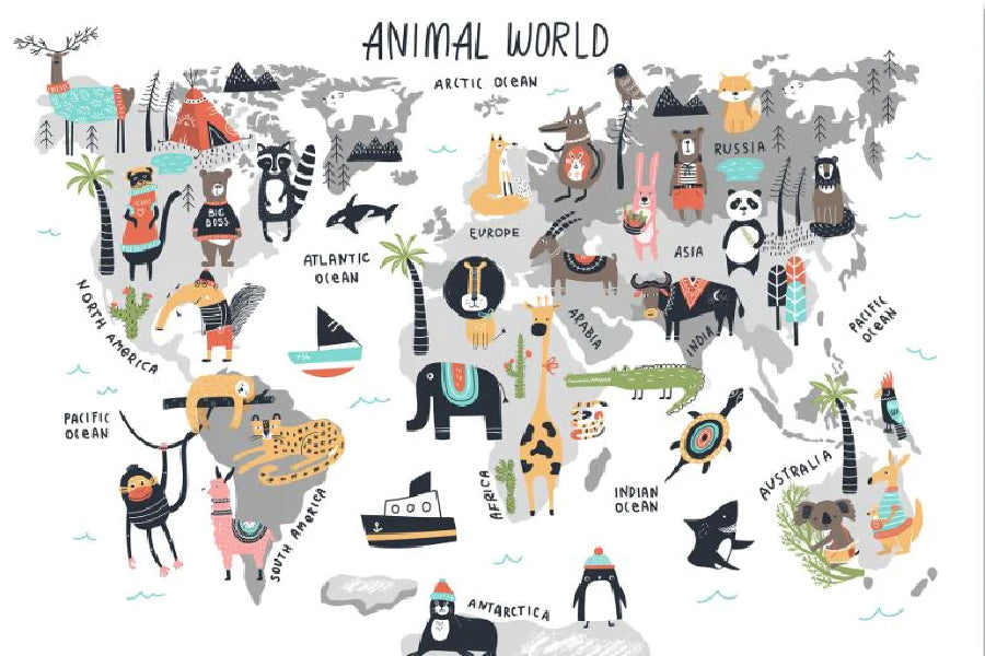 Kids Animal's World Map Print 100% Australian Made Stretched Canvas Ready to Hang - NK-131