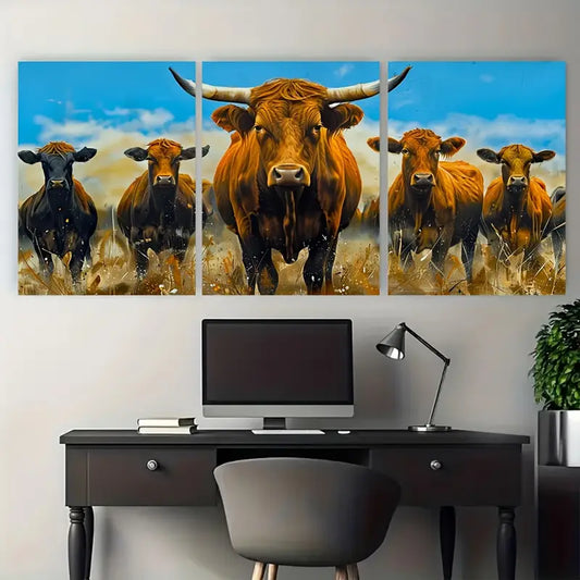 3pcs Longhorn Cattle Herd Brown Cows Metal Print Ready to Hang Art