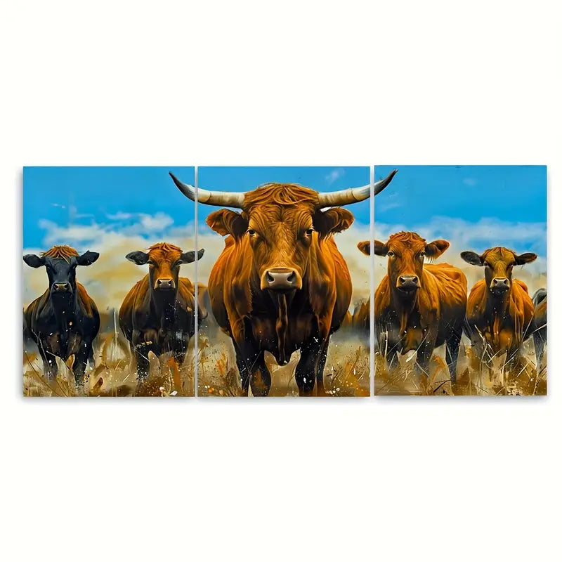3pcs Longhorn Cattle Herd Brown Cows Metal Print Ready to Hang Art
