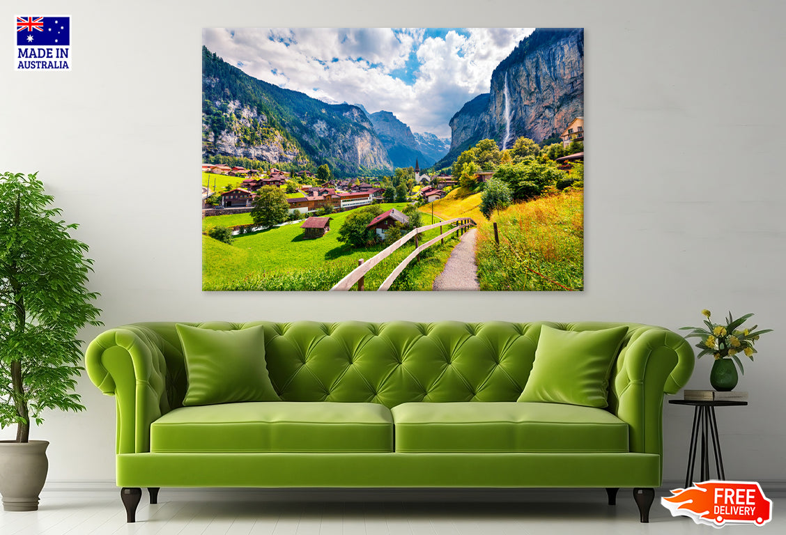 Waterfall In Lauterbrunnen Village Print 100% Australian Made Stretched Canvas Ready to Hang - CT-132