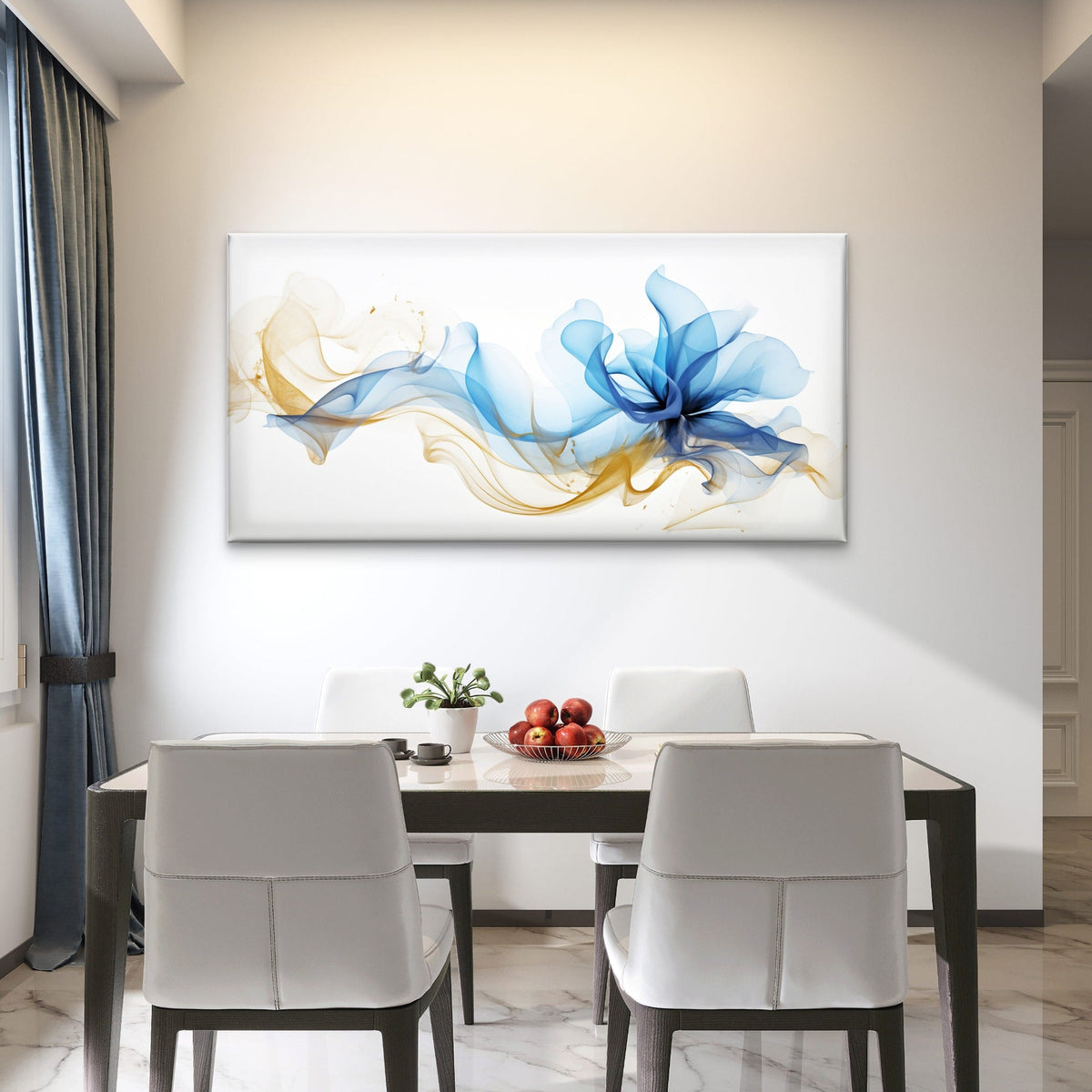 Blue Gold Fluid Silk Wave Wall Art Canvas Office Home Room Framed 120x60cm