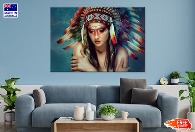 Headdress Native Warrior Girl Closeup Print 100% Australian Made Stretched Canvas Ready to Hang - BO-131