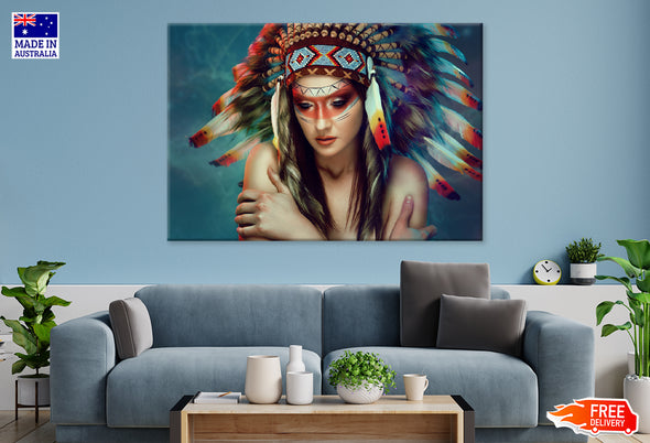 Headdress Native Warrior Girl Closeup Print 100% Australian Made Stretched Canvas Ready to Hang - BO-131