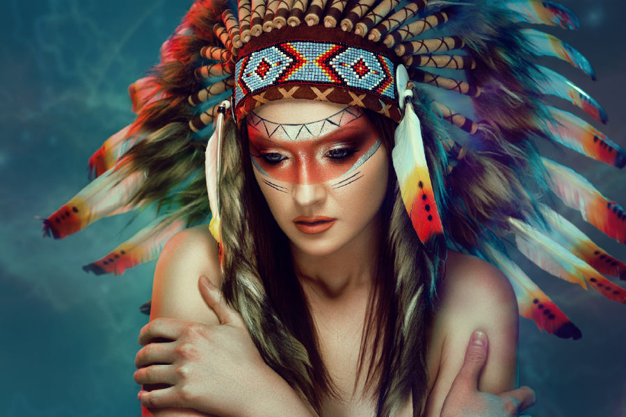 Headdress Native Warrior Girl Closeup Print 100% Australian Made Stretched Canvas Ready to Hang - BO-131