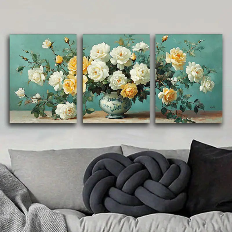 3pcs White Roses in Vase Painting Metal Print Ready to Hang Art