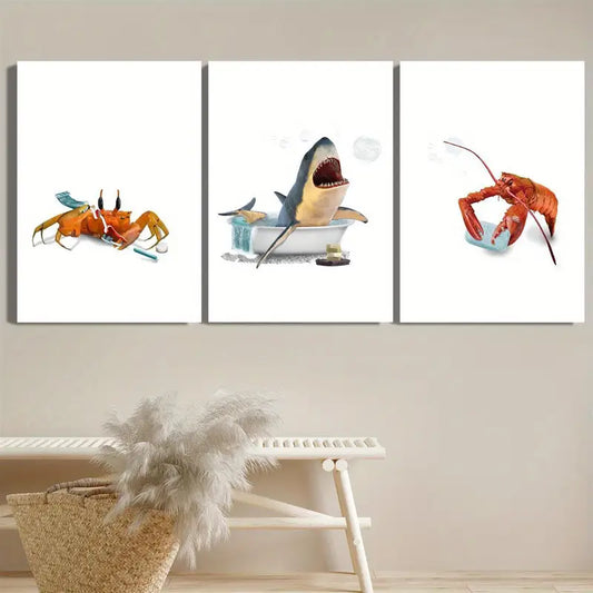 3pcs Funny Shark, Cute Crab & Coastal Lobster Metal Print Ready to Hang Art