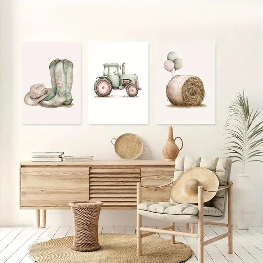 3pcs Country Western Farm Balloons Hat Boots Painting Metal Print Ready to Hang Art