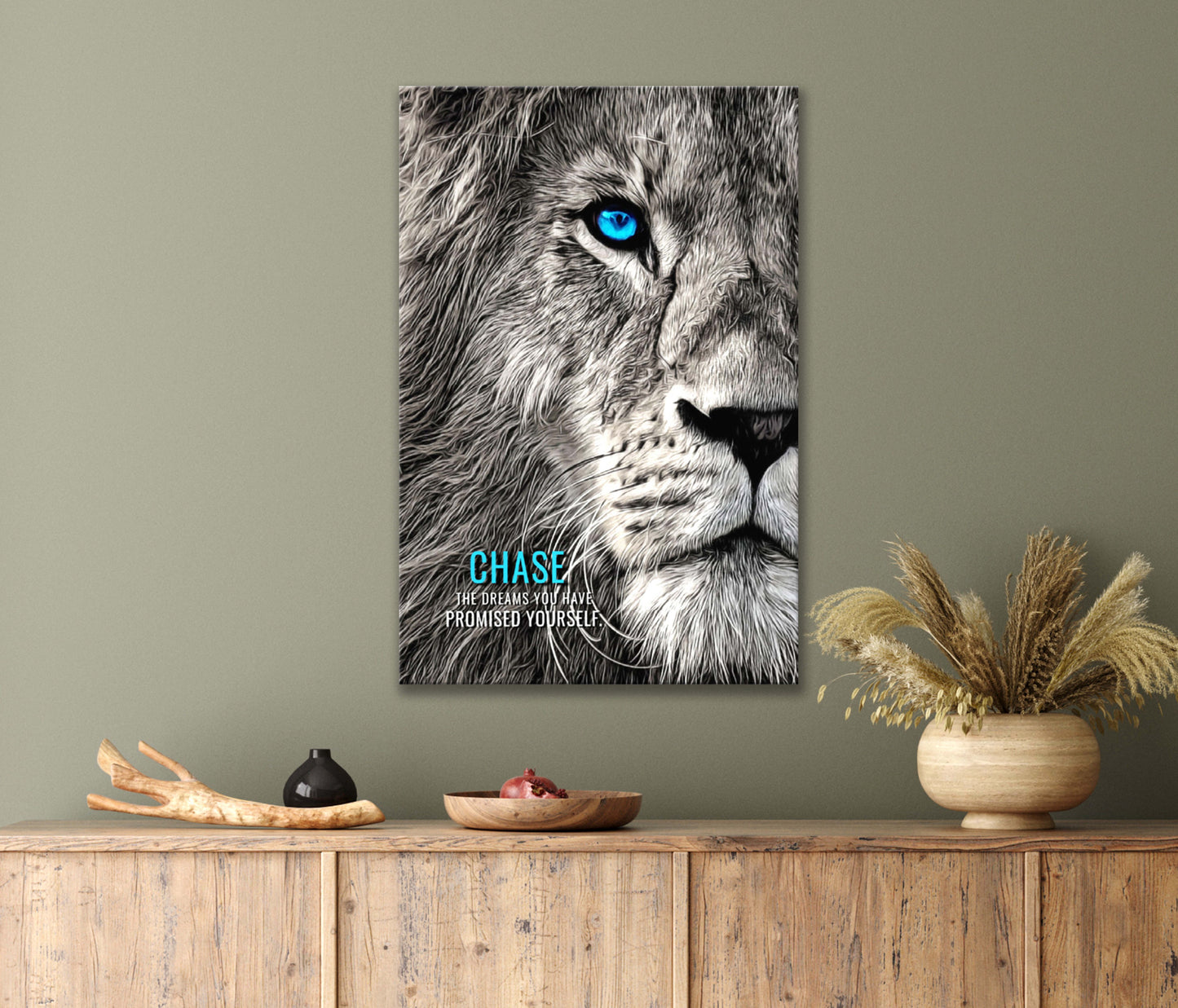 Black And White Of A Lion With Blue Eyes Print 100% Australian Made 40x60cm Stretched Canvas Ready to Hang