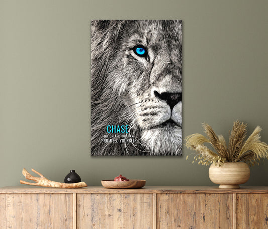 Black And White Of A Lion With Blue Eyes Print 100% Australian Made 40x60cm Stretched Canvas Ready to Hang