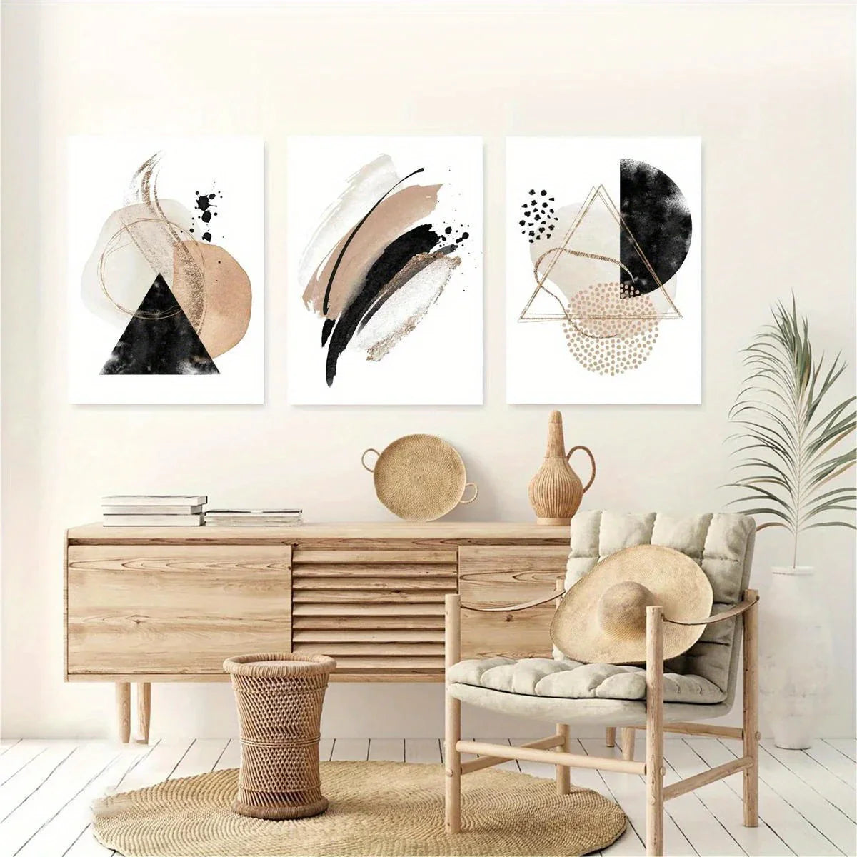 3pcs Abstract Geometric Beige, Golden, and Black Metal Print Ready to Hang Art