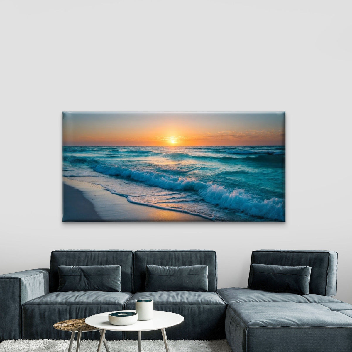 Blue & Golden Sunset Seascape Wall Art Canvas Office Home Room Framed 80x45cm
