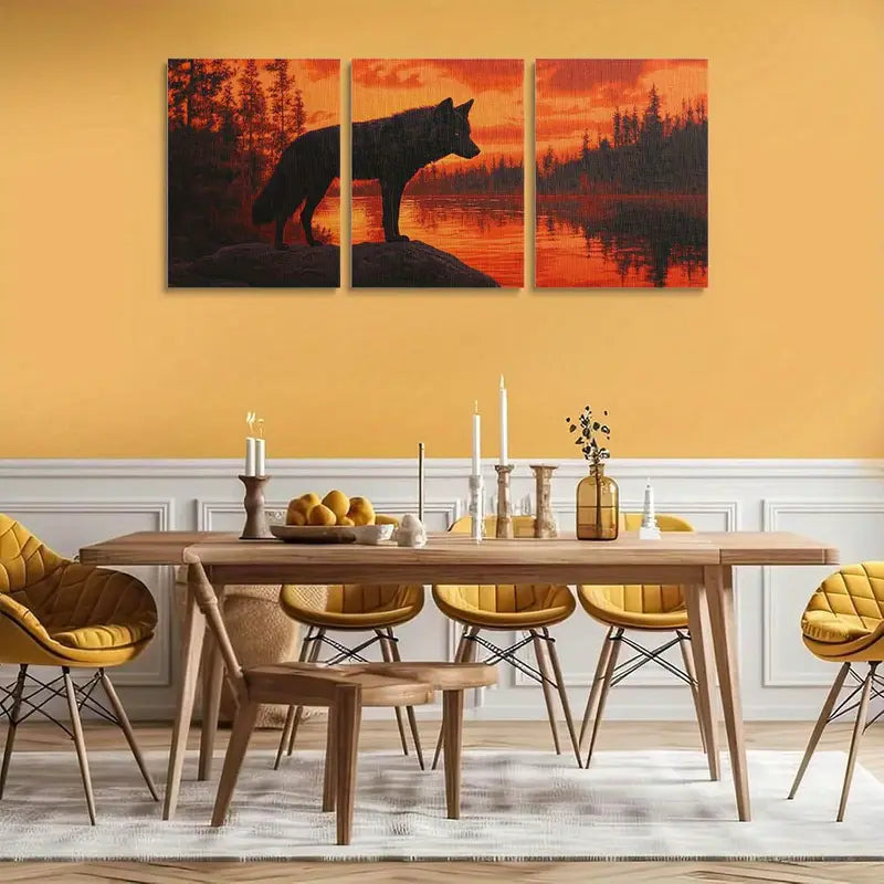 3pcs Black Wolf Silhouette at Sunset Classic Design Metal Print Ready to Hang Art