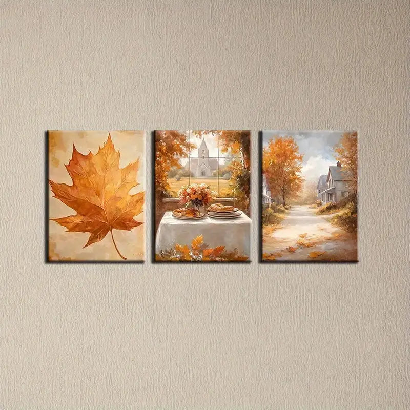 3pcs Autumn Town Maple Leaves Classic Design Metal Print Ready to Hang Art