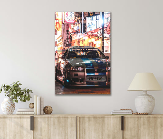 Vintage Night View of Car Parked on The Side of Street Print 100% Australian Made 40x60cm Stretched Canvas Ready to Hang