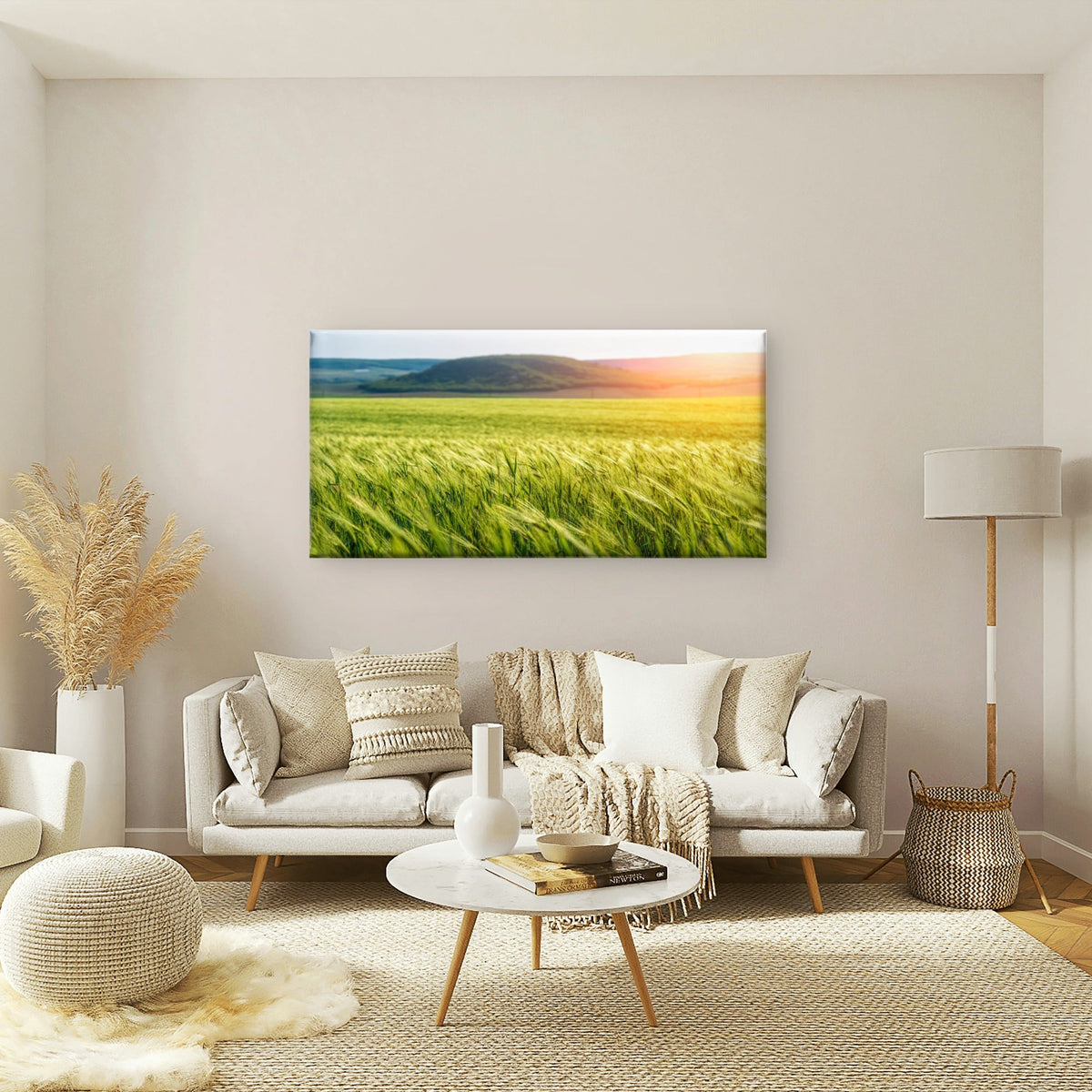 Green Wheat Field Countryside Blowing Wind Wall Art Canvas Office Home Room Framed 80x45cm