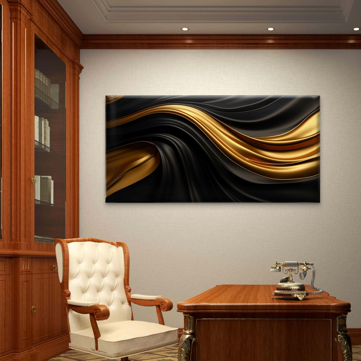 Luxury Black Gold Satin Swirl Wall Art Canvas Office Home Room Framed 120x60cm