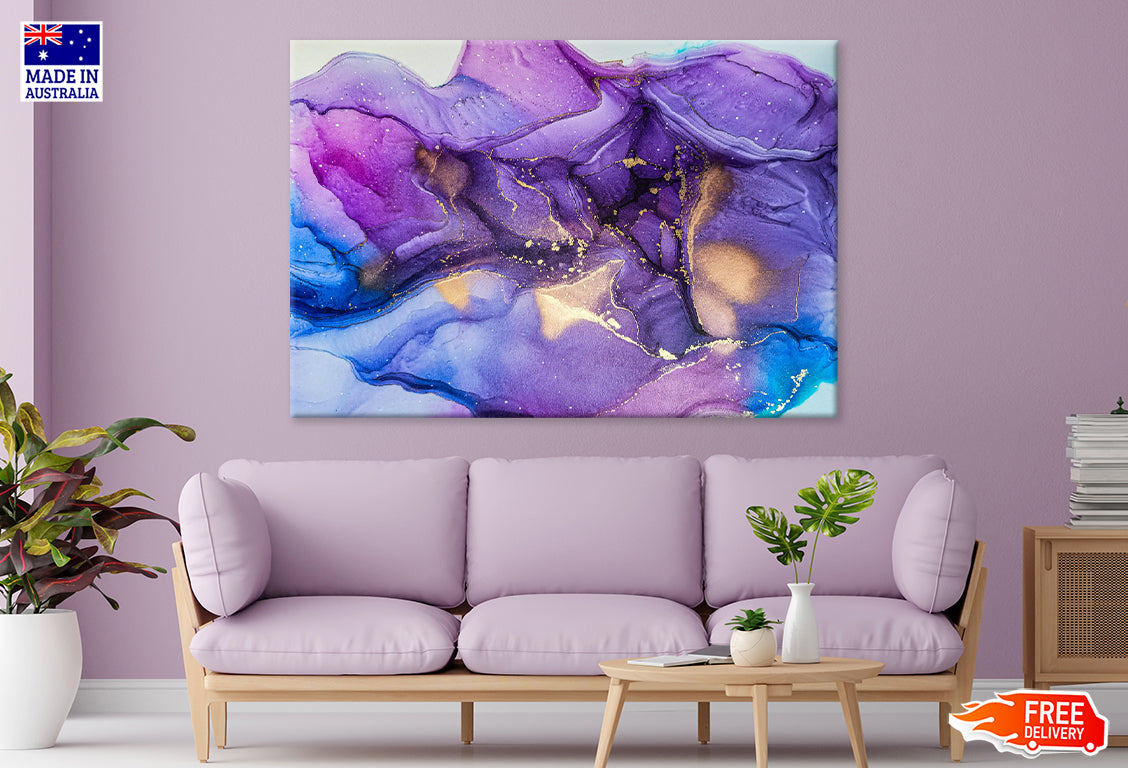 Purple Blue & Gold Abstract Print 100% Australian Made Stretched Canvas Ready to Hang - AB-132