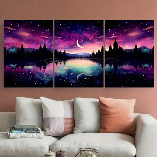 3pcs Moon Lake Northern Lights Stars Metal Print Ready to Hang Art