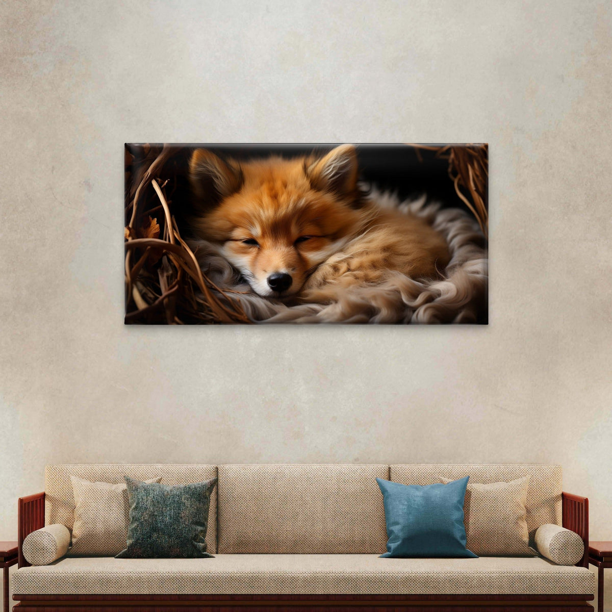 Cute Baby Fox Sleeping Soft Fur Wall Art Canvas Office Home Framed 120x60cm