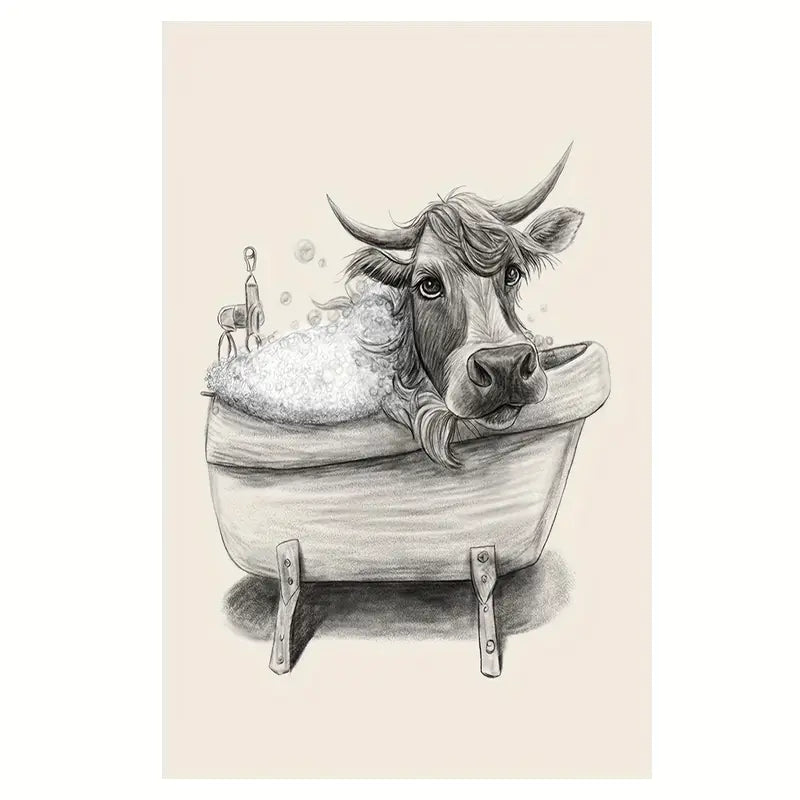 Funny Cow in Bathtub Print 100% Australian Made 40x60cm Stretched Canvas Ready to Hang