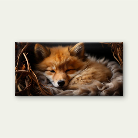Cute Baby Fox Sleeping Soft Fur Wall Art Canvas Office Home Framed 80x45cm