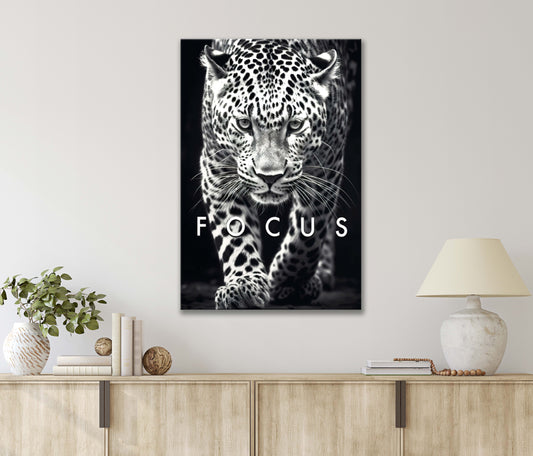 Majestic Leopard Gracefully Crossing a Black and White Print 100% Australian Made 40x60cm Stretched Canvas Ready to Hang