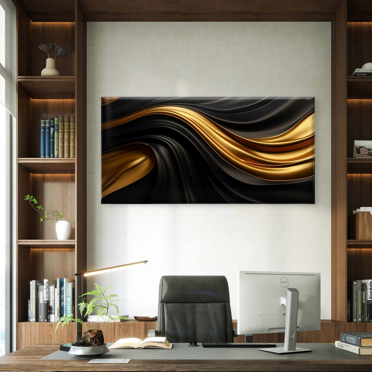 Luxury Black Gold Satin Swirl Wall Art Canvas Office Home Room Framed 120x60cm