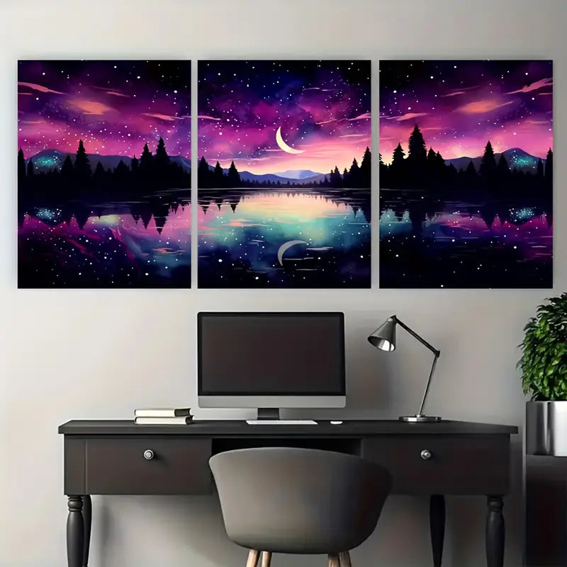 3pcs Moon Lake Northern Lights Stars Metal Print Ready to Hang Art