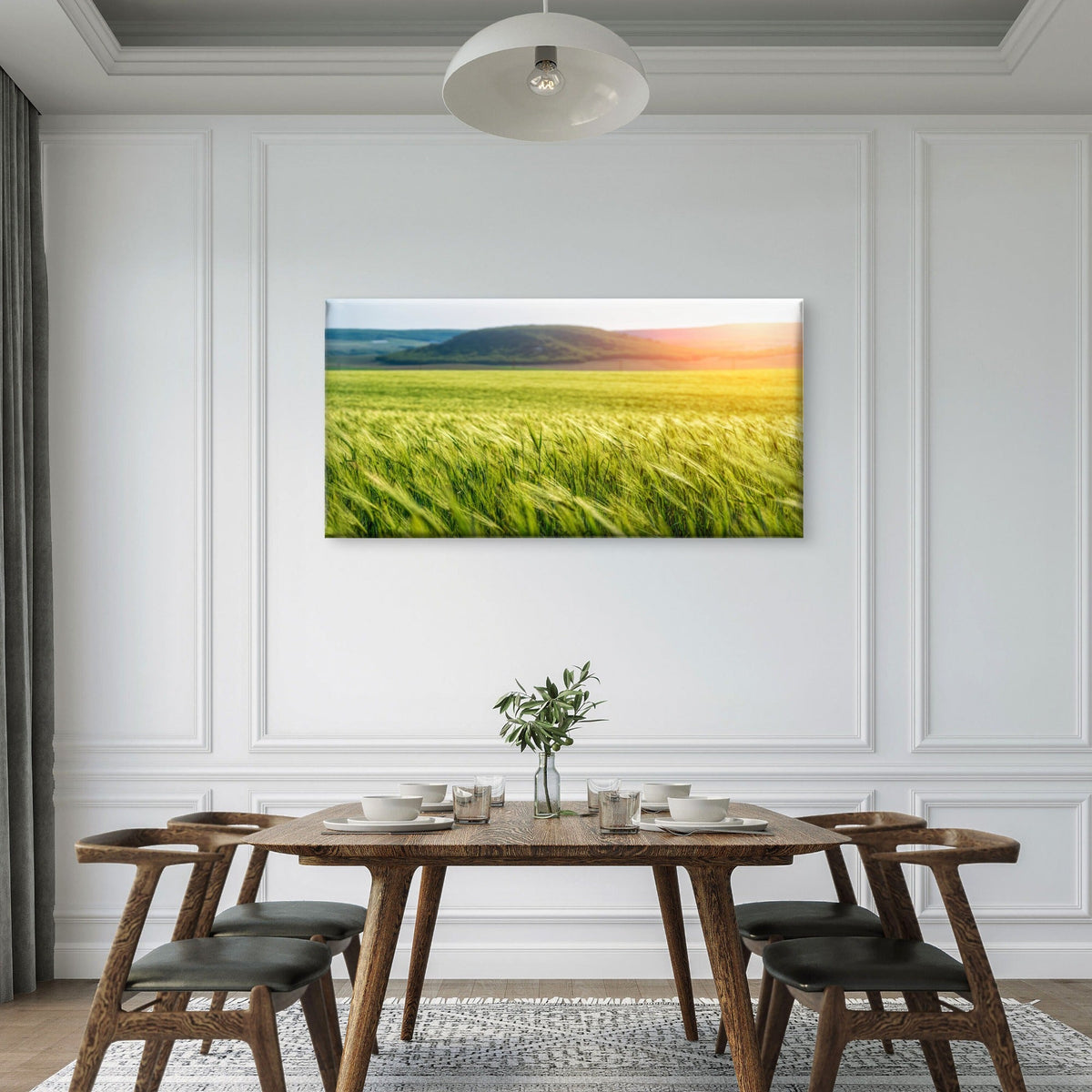 Green Wheat Field Countryside Blowing Wind Wall Art Canvas Office Home Room Framed 80x45cm