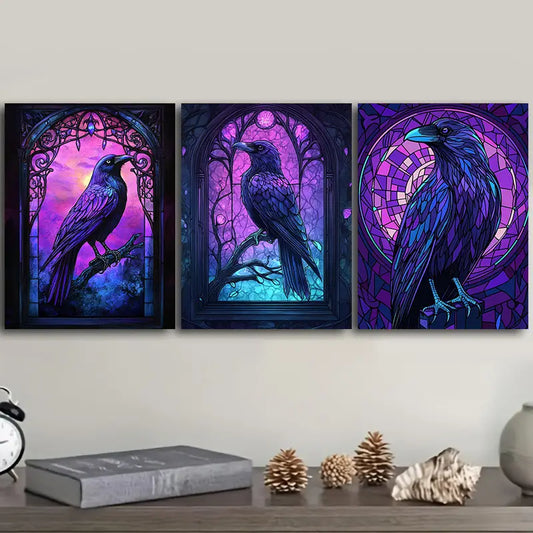 3pcs Stained glass window a Raven Metal Print Ready to Hang Art