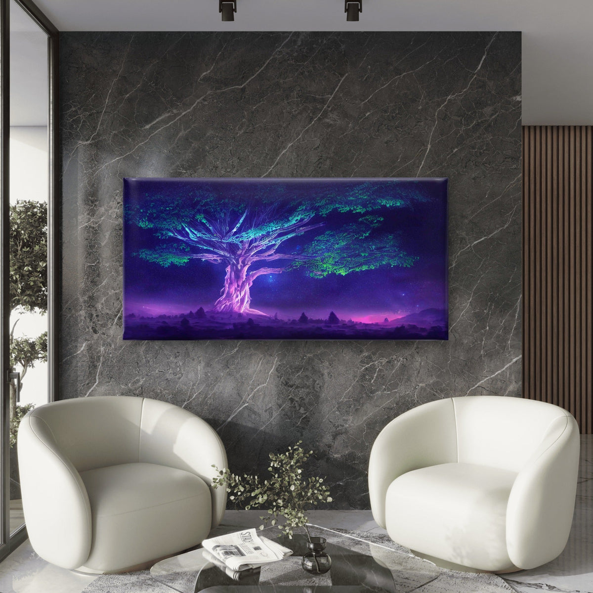 Tree Of Life In Neon Forest Wall Art Canvas Office Home Room Framed 80x45cm