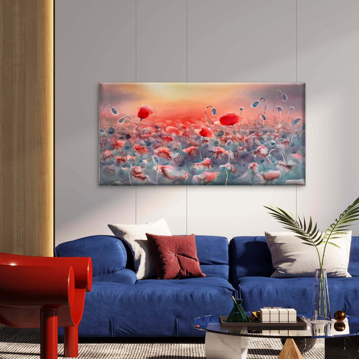 Red Poppy Field Sunset Wall Art Canvas Office Home Room Framed 120x60cm
