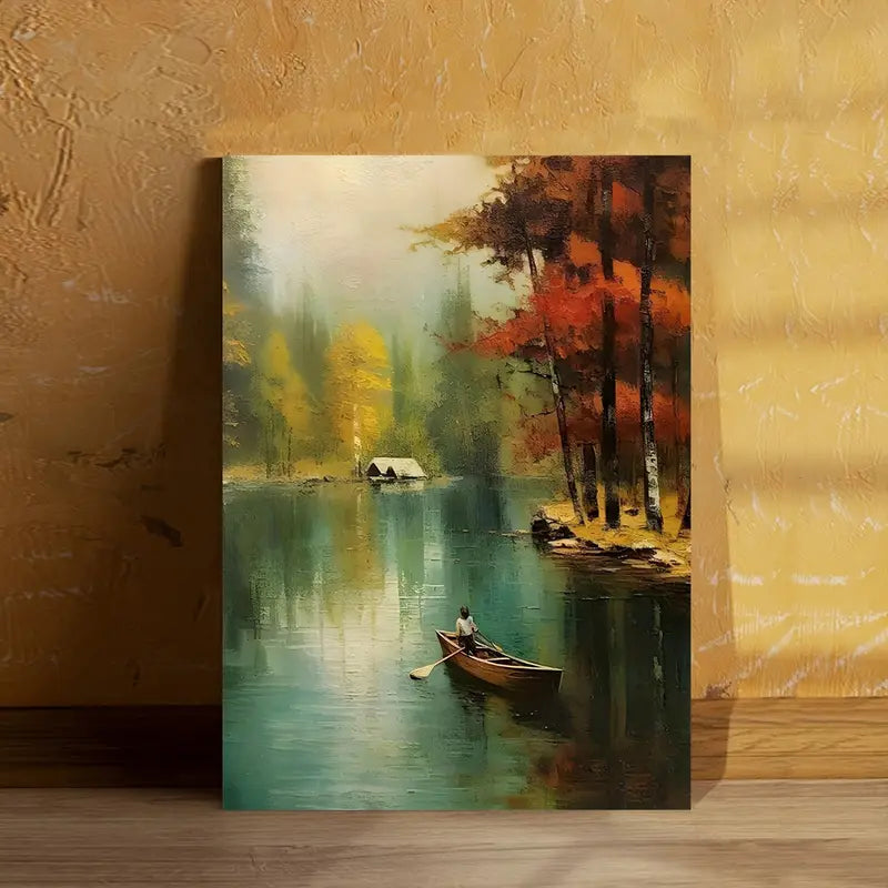 Lake and Canoe Autumn Scenery Canvas Art Print 100% Australian Made 40x60cm Stretched Canvas Ready to Hang