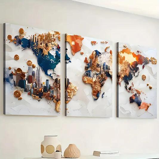 3pcs Modern Style Fashion World Land Map Art Wall Art Set Canvas Framed 40x60cm - High Quality Print 100% Australian Made Wall Canvas Ready to Hang