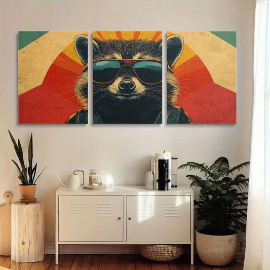 3pcs Watercolor Showcasing a Raccoon Wearing Glasses Metal Print Ready to Hang Art