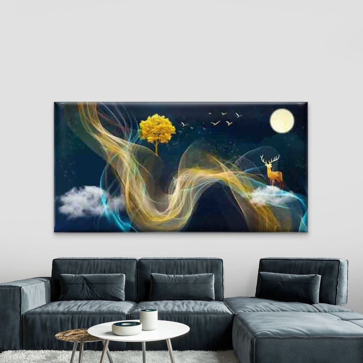 Night Sky Deer Tree Wall Art Canvas Office Home Room Framed 80x45cm